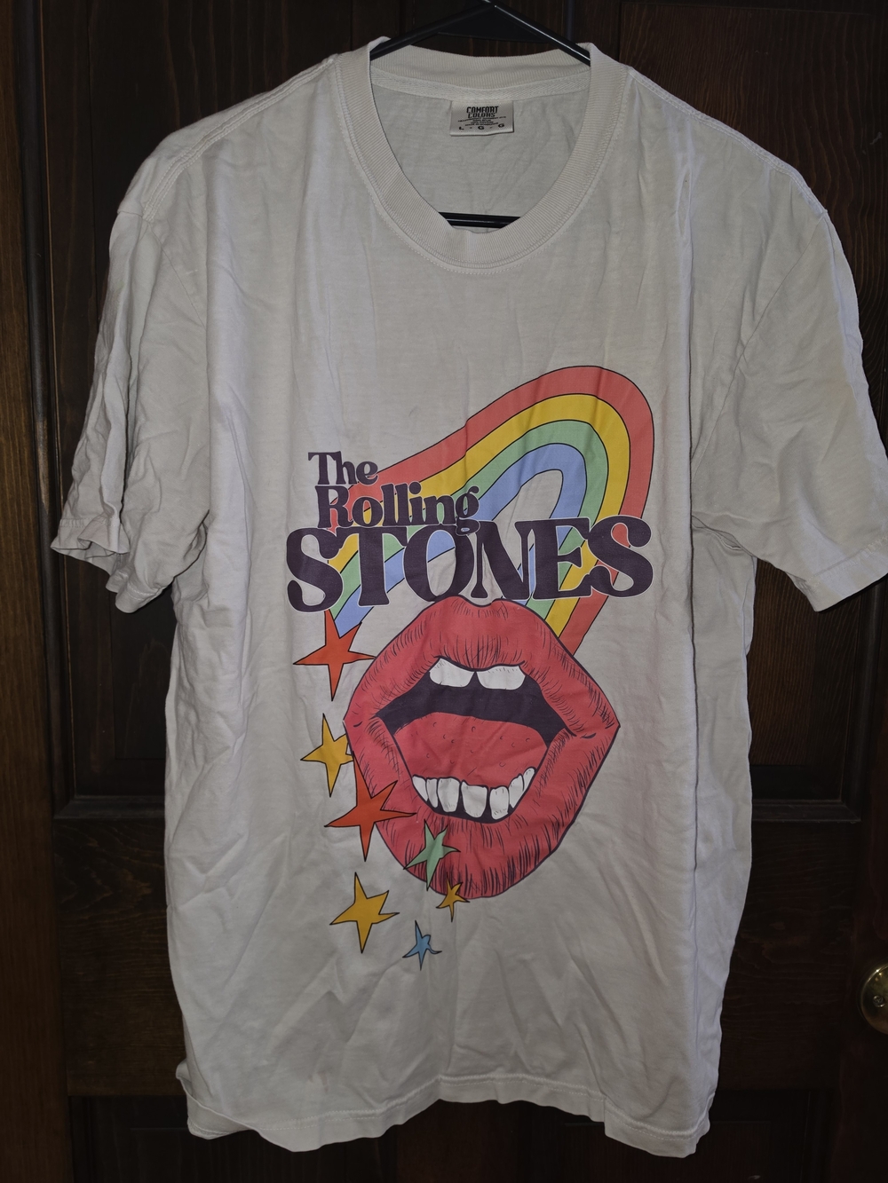 The Rolling Stones Rainbow Lip Graphic Tee - White with Red & Multicolor Print
